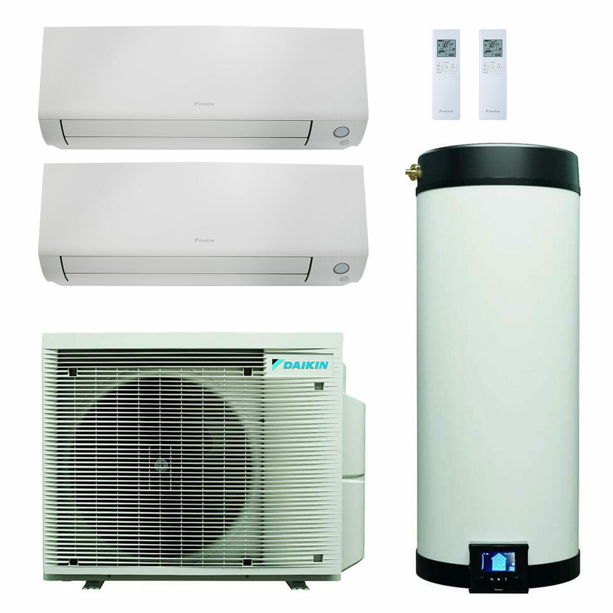 Système de climatisation et d'eau chaude sanitaire double split Daikin Multi+ - Unités intérieures Perfera All Seasons 9000+12000 BTU - Réservoir 90 l