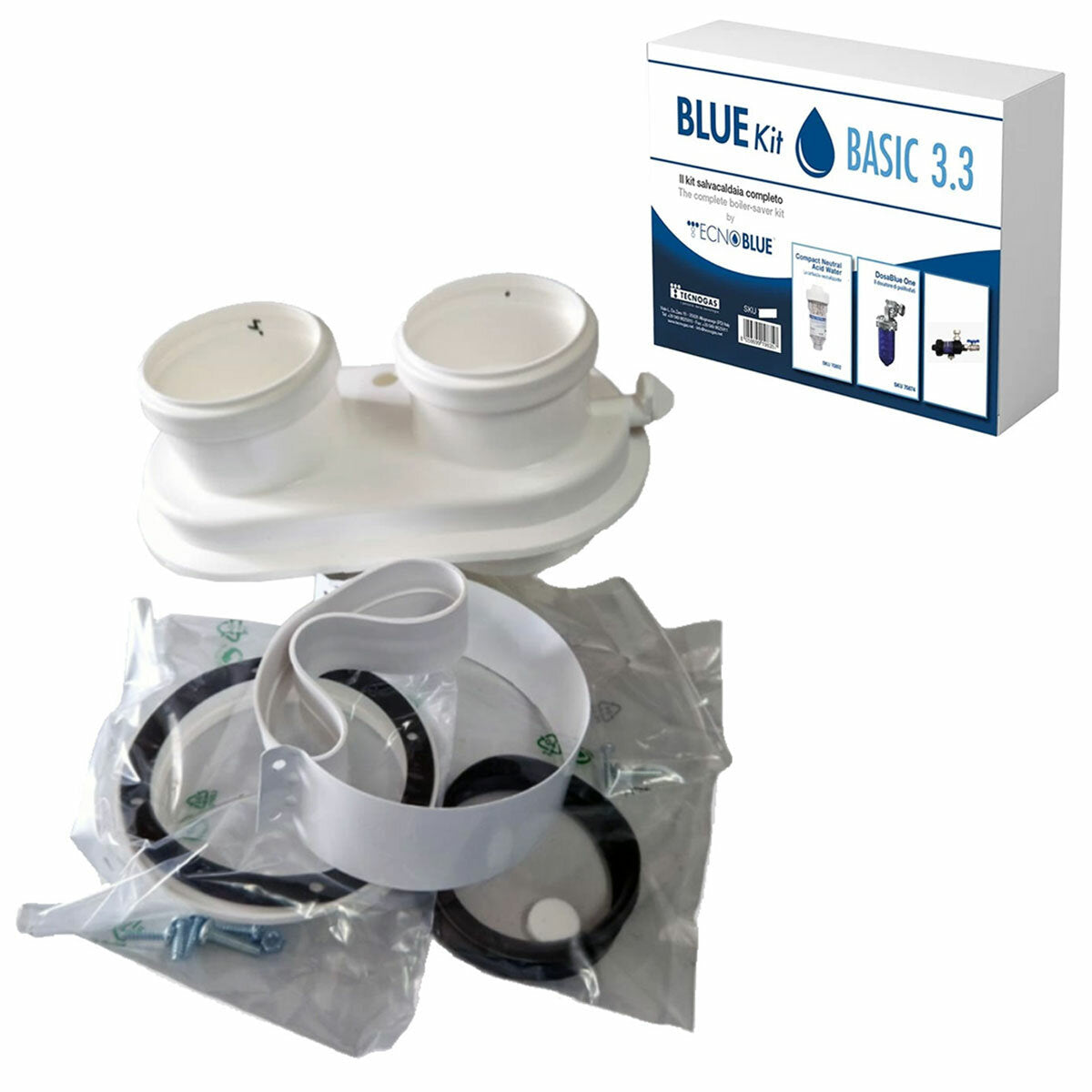 Kit d'installation de chaudière avec conduit de fumée universel, séparateur de boues, distributeur de polyphosphate et cartouche neutralisante