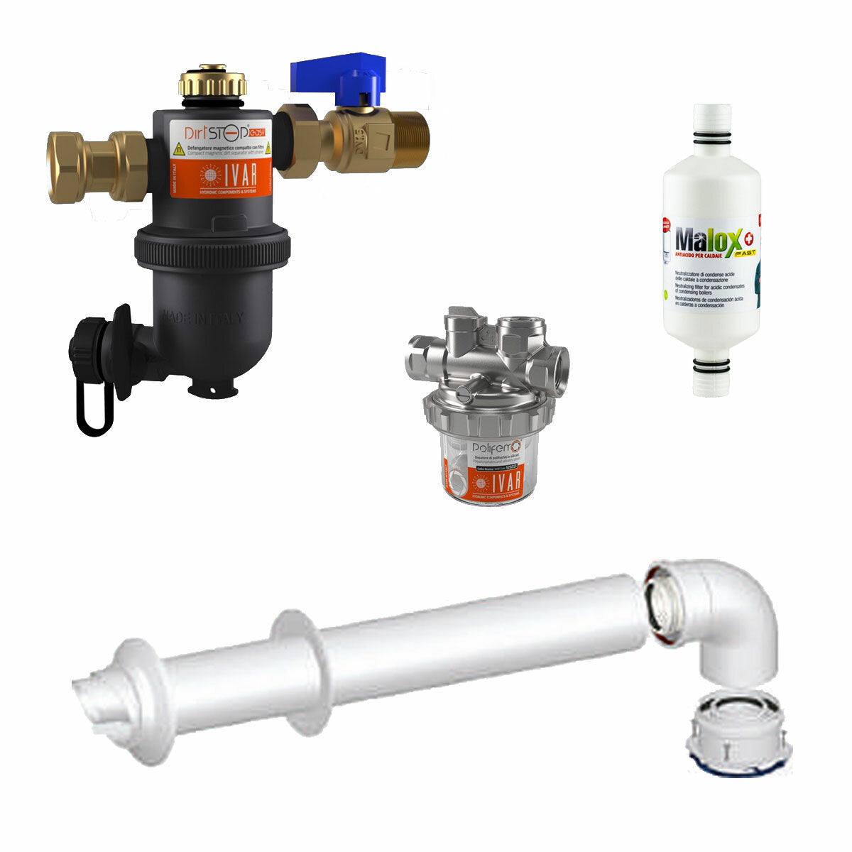 Kit d'installation chaudière Immergas avec séparateur de saletés - distributeur de polyphosphate - neutraliseur de condensats - évacuation des fumées coaxiale