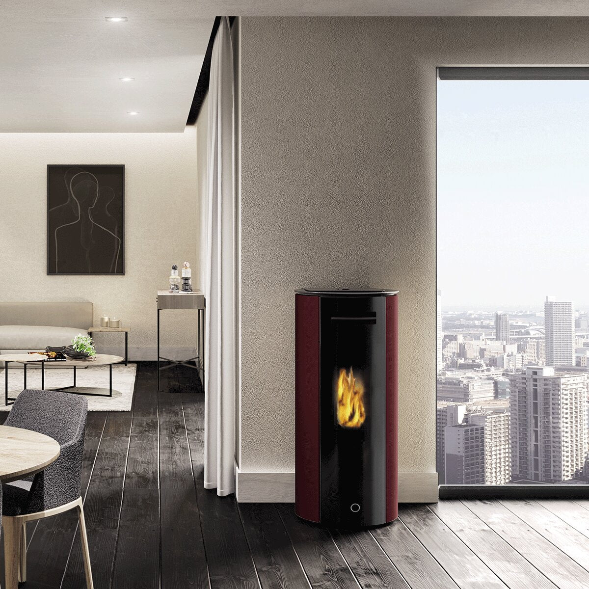 Pelletofen EK63 SPY110+ – Edilkamin-Gruppe – 10,5 kW, versiegelt mit Kanalluft Bordeaux