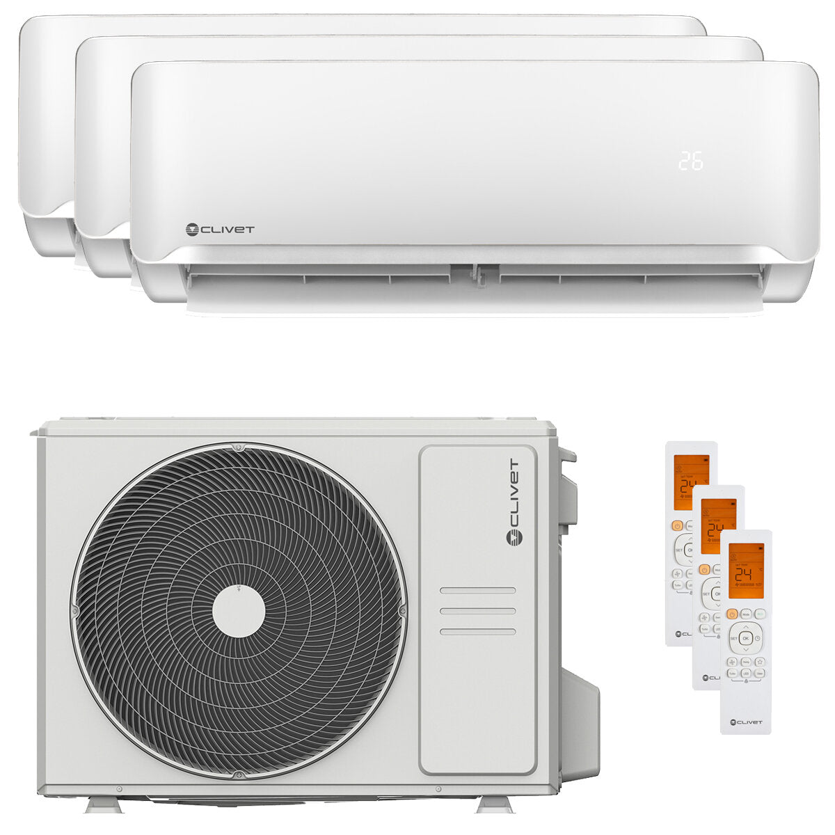 Clivet Essential 2 trial split air conditioner 12000+12000+12000 BTU inverter A++ external unit 10.5 kW