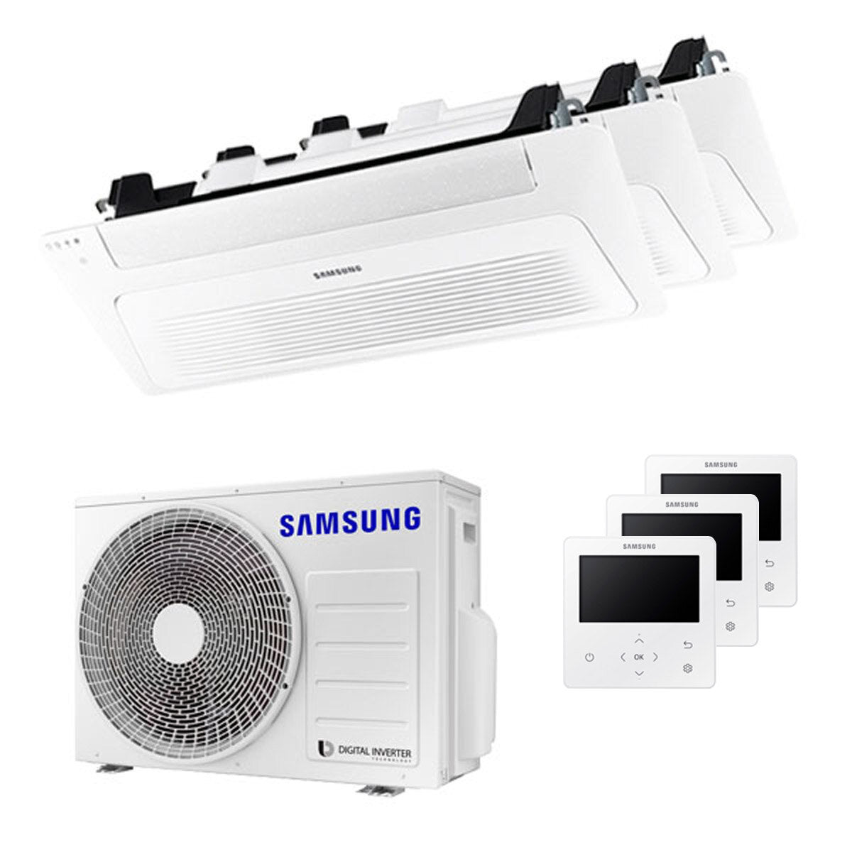 Climatiseur à cassette Samsung WindFree 1 voie trial split 9000+9000+12000 BTU inverseur A++ unité extérieure 5,2 kW
