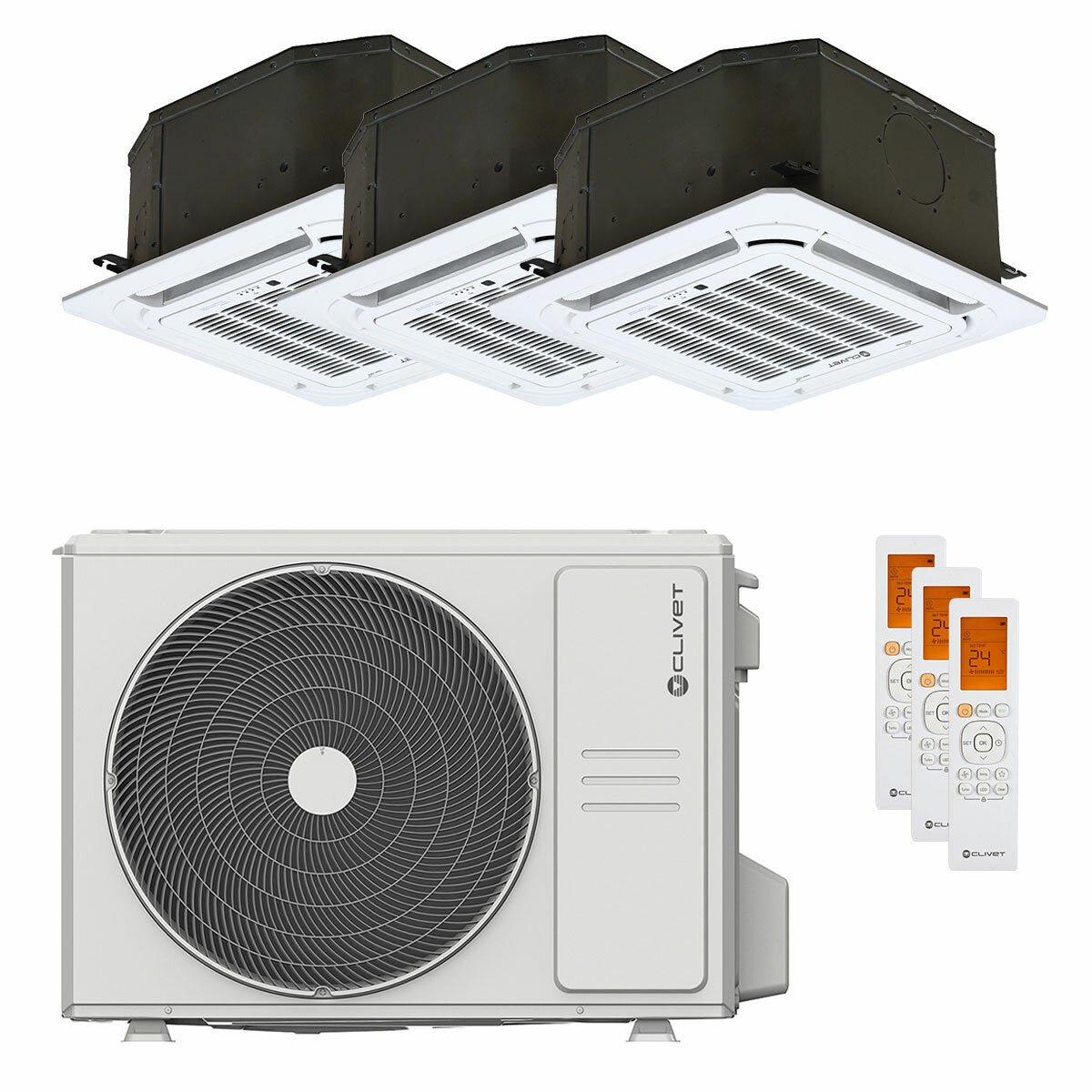 Climatiseur Clivet BOX 2 650x650 cassette 4 voies trial split 9000+12000+12000 BTU Unité extérieure Onduleur A++ 7,9 kW