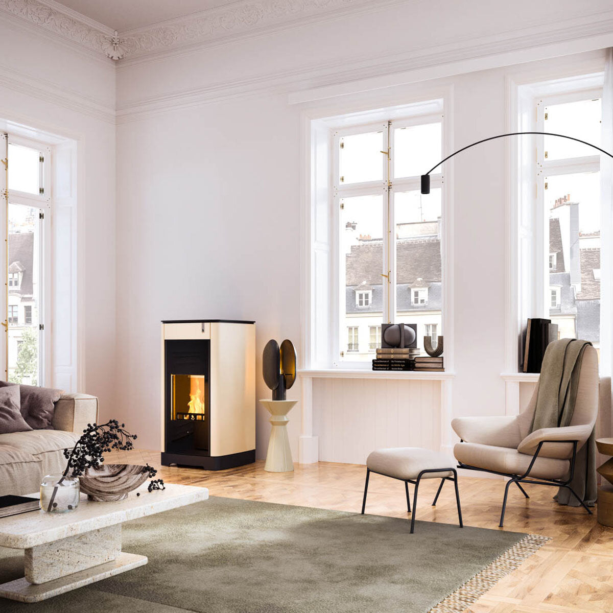 Poêle multi-combustibles Girolami Furni 22 couleur ivoire, 22 kW, alimentation hydroélectrique + kit ECS