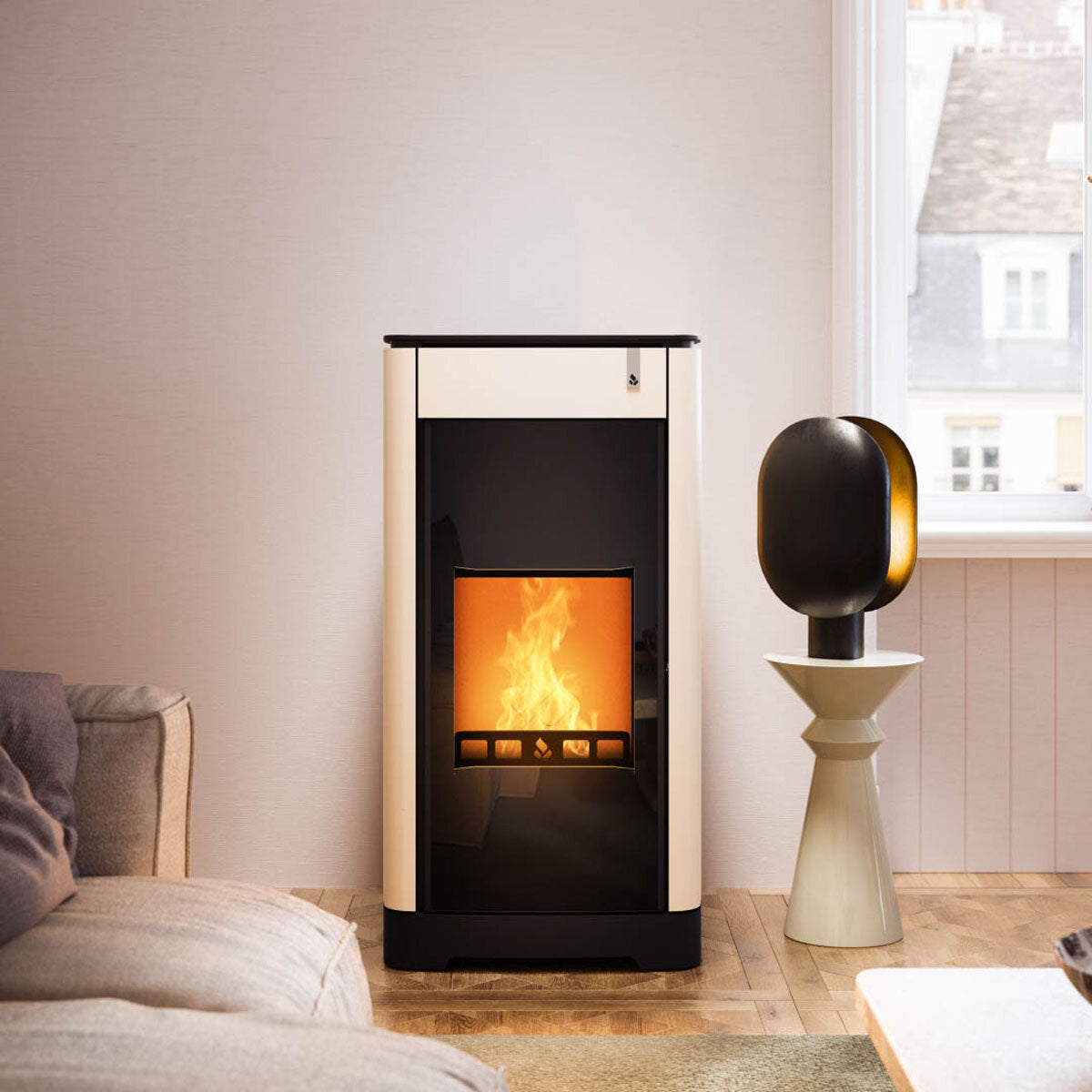 Poêle multi-combustibles Girolami Furni 26 couleur ivoire, 24 kW, alimentation hydroélectrique + kit ECS