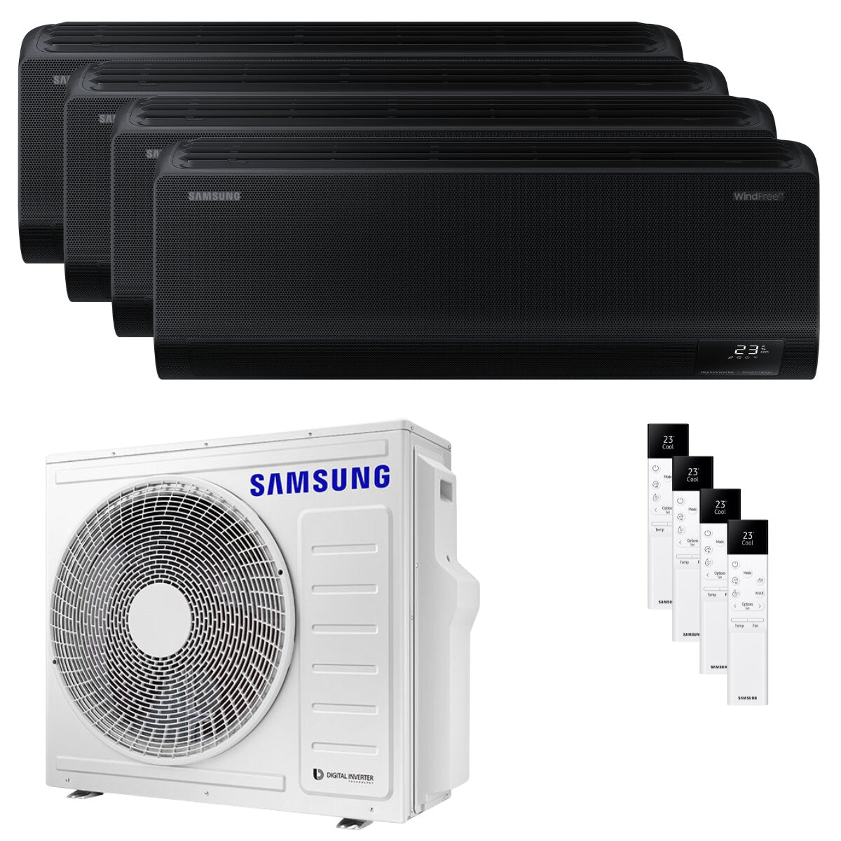 Climatiseur Samsung Windfree Black quadri split 9000+9000+9000+12000 BTU onduleur A++ wifi unité extérieure 8 kW
