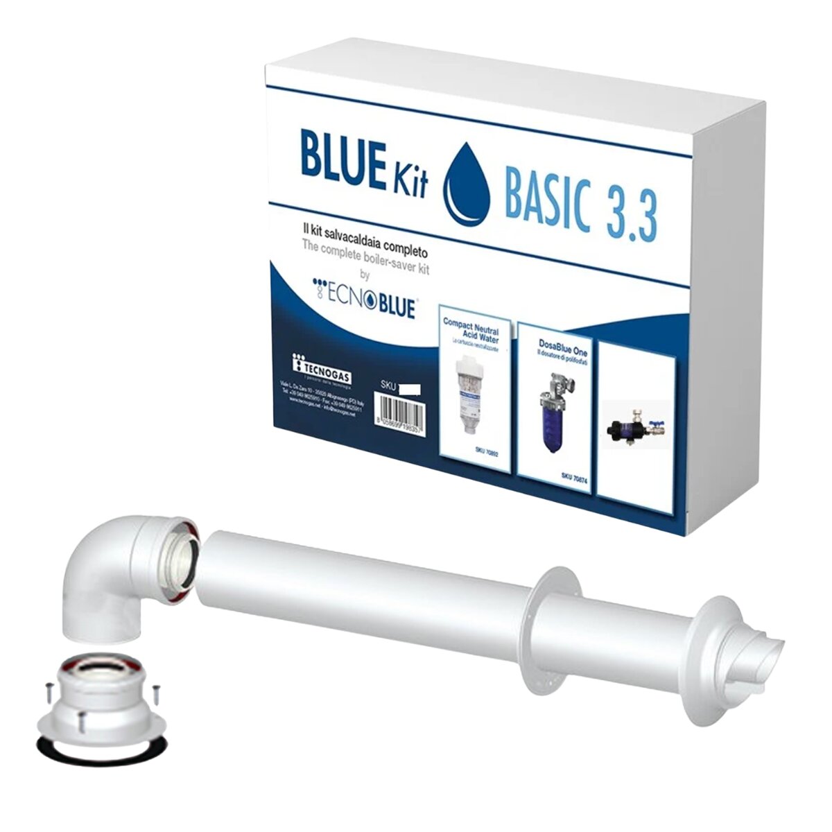 Bosch boiler installation kit with coaxial flue, dirt separator, polyphosphate dispenser and neutralizing cartridge