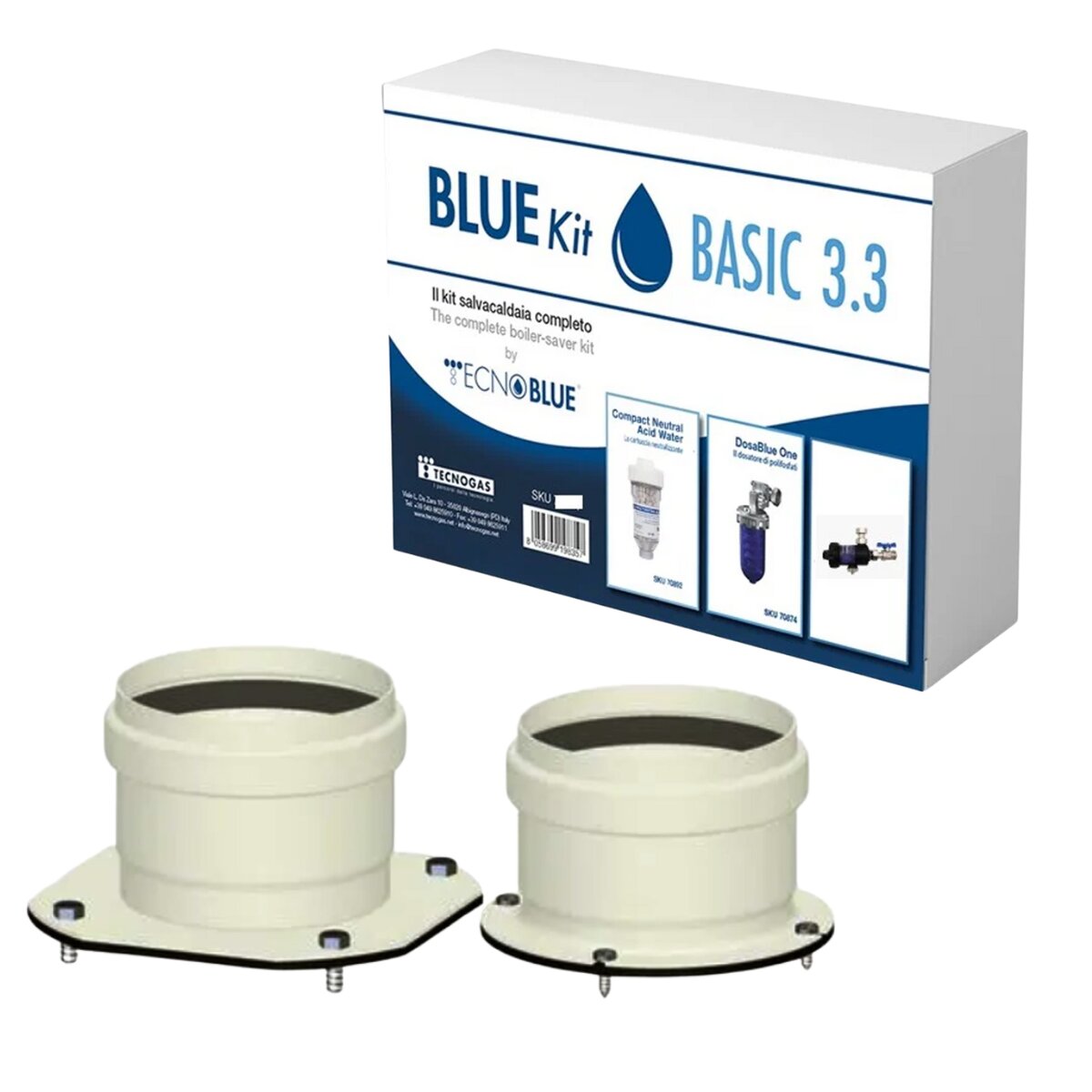 Immergas boiler installation kit with split flue, dirt separator, polyphosphate dispenser and neutralizing cartridge