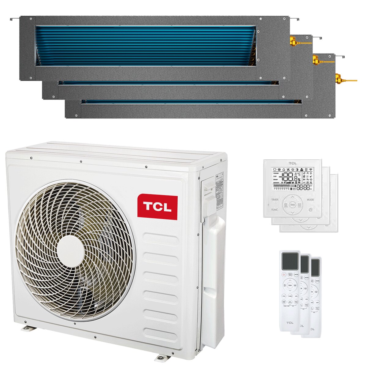 Climatiseur gainable TCL Série D, split d&#39;essai 12 000 + 12 000 + 18 000 BTU, onduleur A++, unité externe Wi-Fi 9,4 kW 