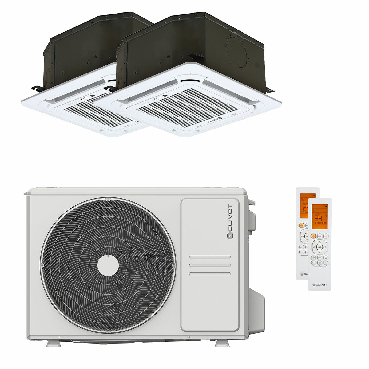 Clivet BOX 2 air conditioner 650x650 4-way dual split cassette 9000+18000 BTU inverter A++ outdoor unit 5.3 kW