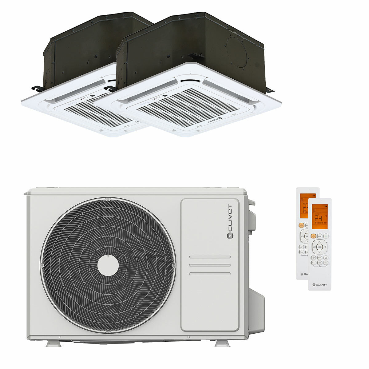 Climatiseur Clivet BOX 2 650x650 cassette double split 4 voies 9000+9000 BTU inverter A++ unité extérieure 4,1 kW