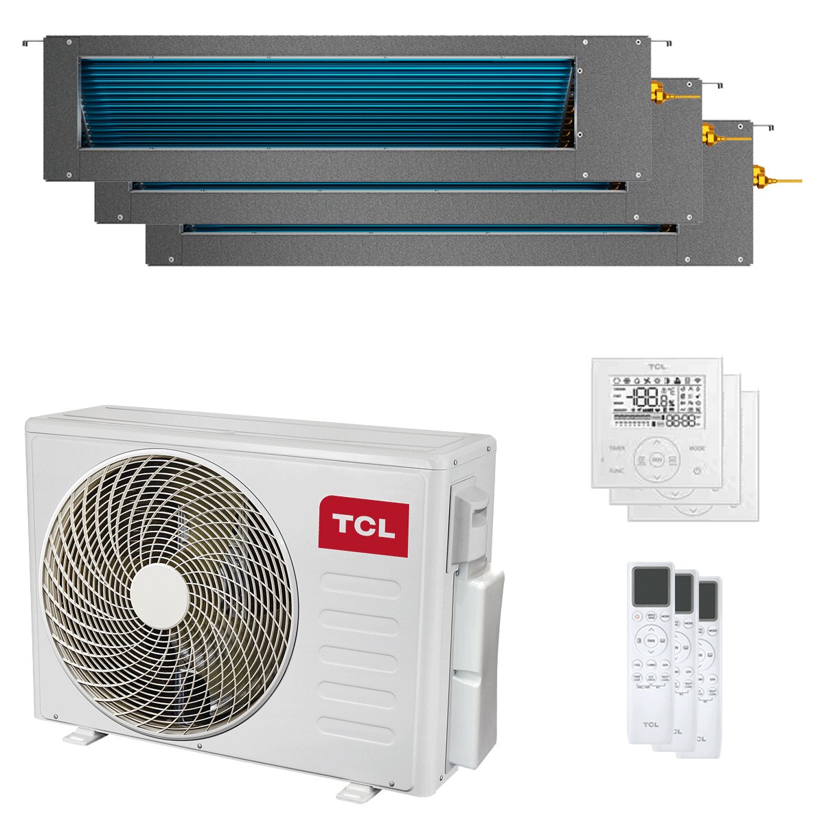 Climatiseur gainable TCL Série D, split d&#39;essai 9000+9000+18000 BTU, onduleur A++, unité externe Wi-Fi 7,9 kW 