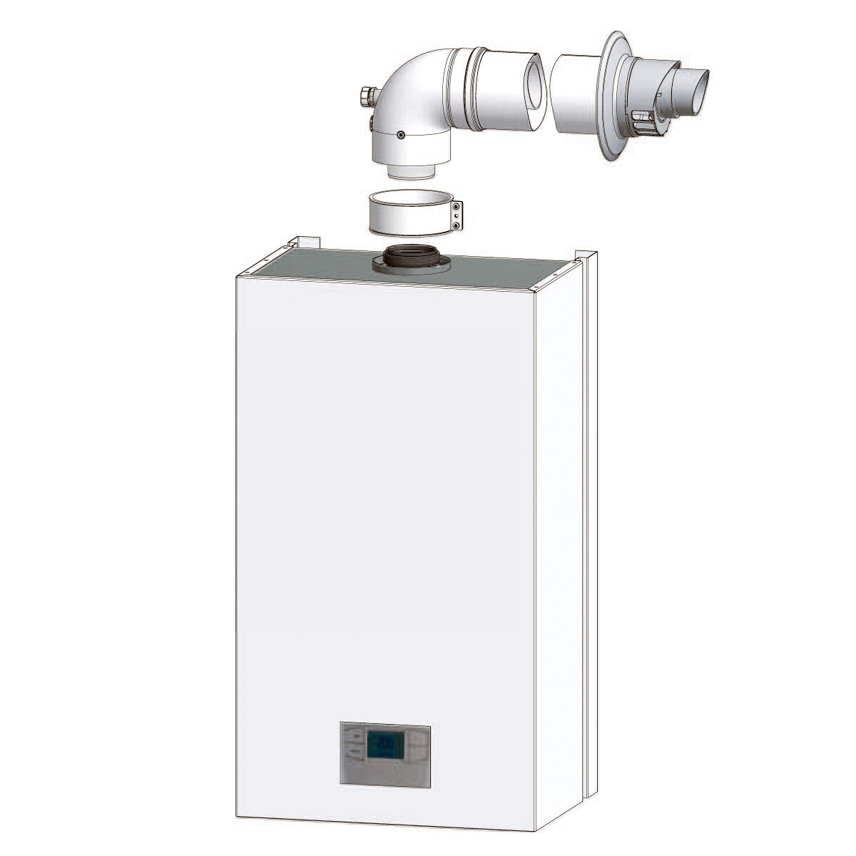 Boiler installation kit with universal coaxial flue gas exhaust, dirt separator, polyphosphate dispenser and neutralizing cartridge