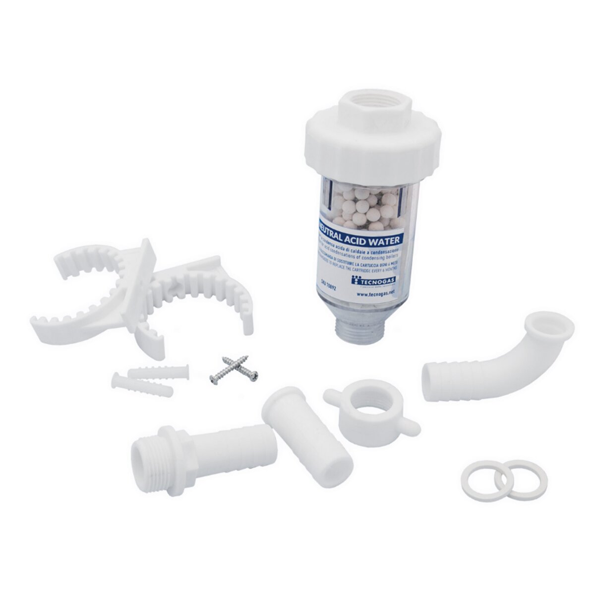 Bosch boiler installation kit with split flue, dirt separator, polyphosphate dispenser and neutralizing cartridge