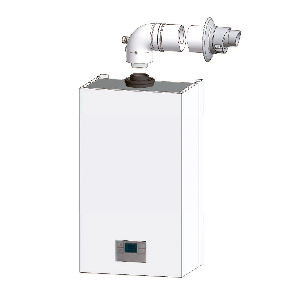 Boiler installation kit with universal coaxial flue gas exhaust, dirt separator, polyphosphate dispenser and neutralizing cartridge