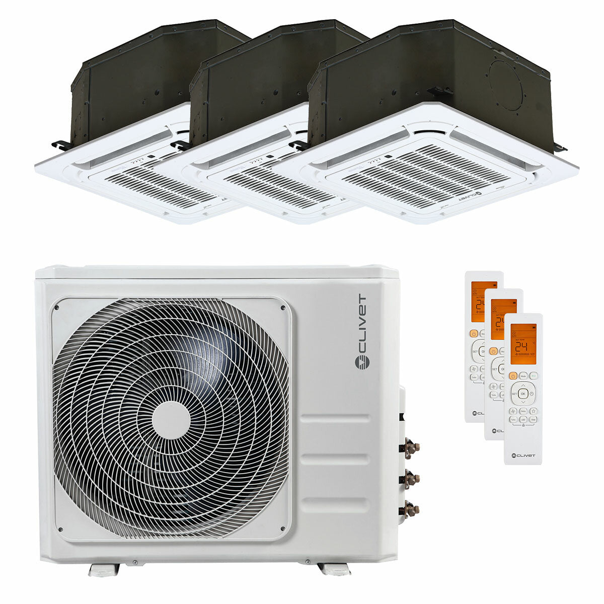 Clivet BOX 2 650x650 air conditioner 4-way cassette trial split 12000+12000+18000 BTU inverter A++ external unit 10.5 kW