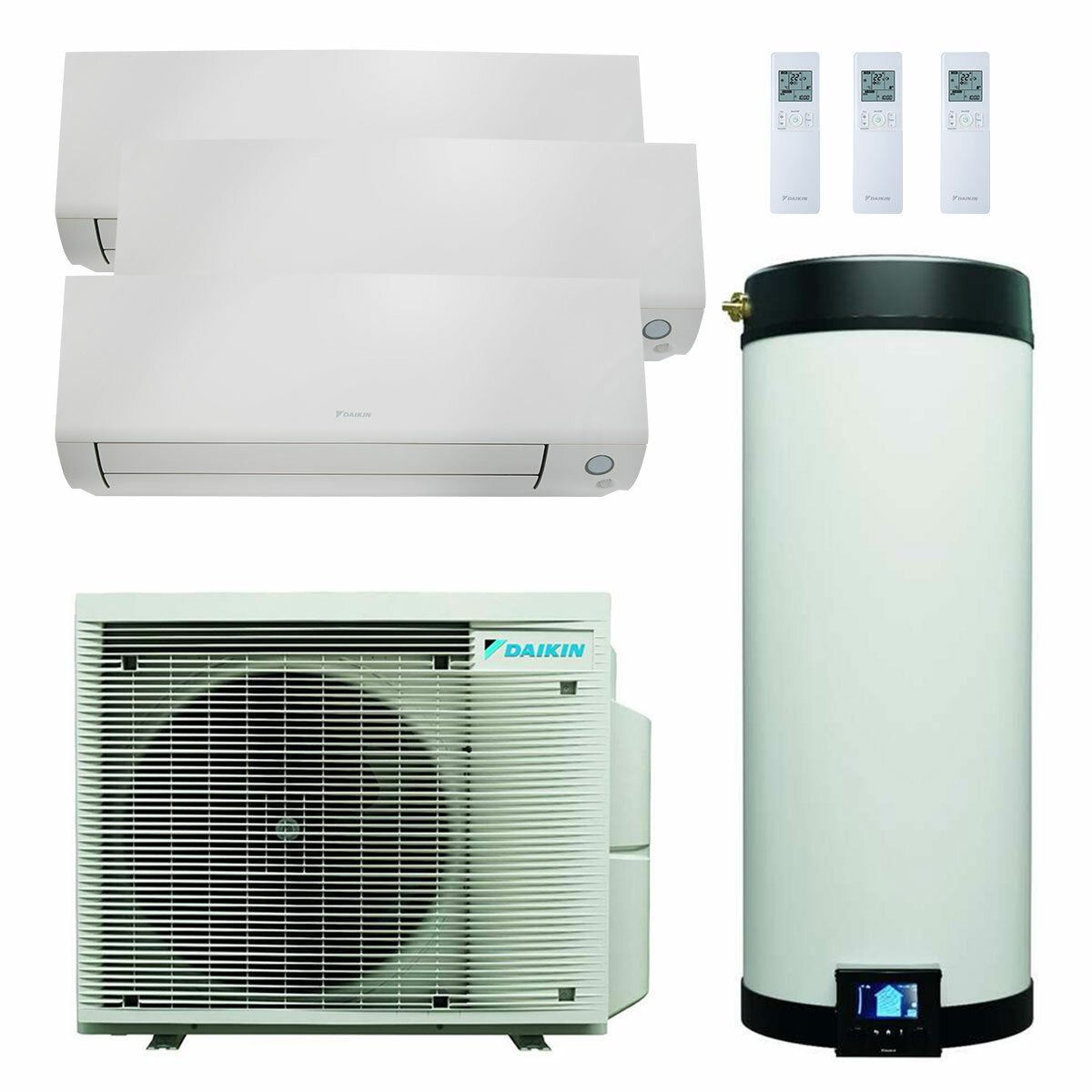 Daikin Multi+ Trial-Split-Klimaanlage und Warmwassersystem – Perfera All Seasons Innengeräte 9000+9000+12000 BTU – 90-l-Tank