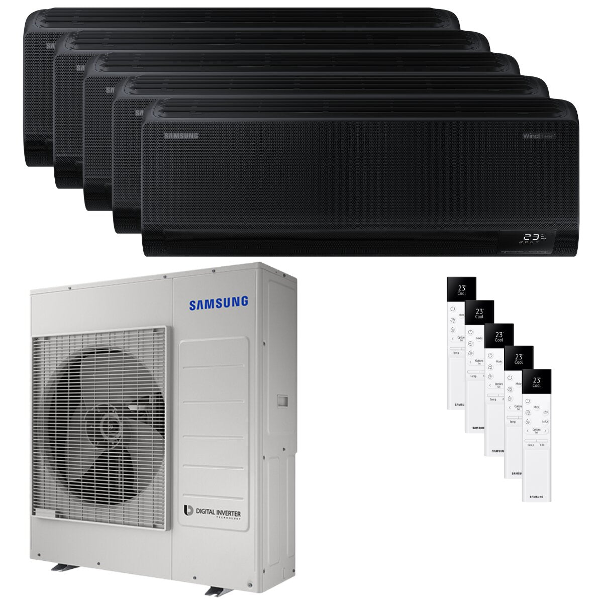 Samsung Windfree Black Penta-Split-Klimaanlage 7000+9000+12000+12000+12000 BTU Wechselrichter A++ WLAN-Außeneinheit 10 kW 