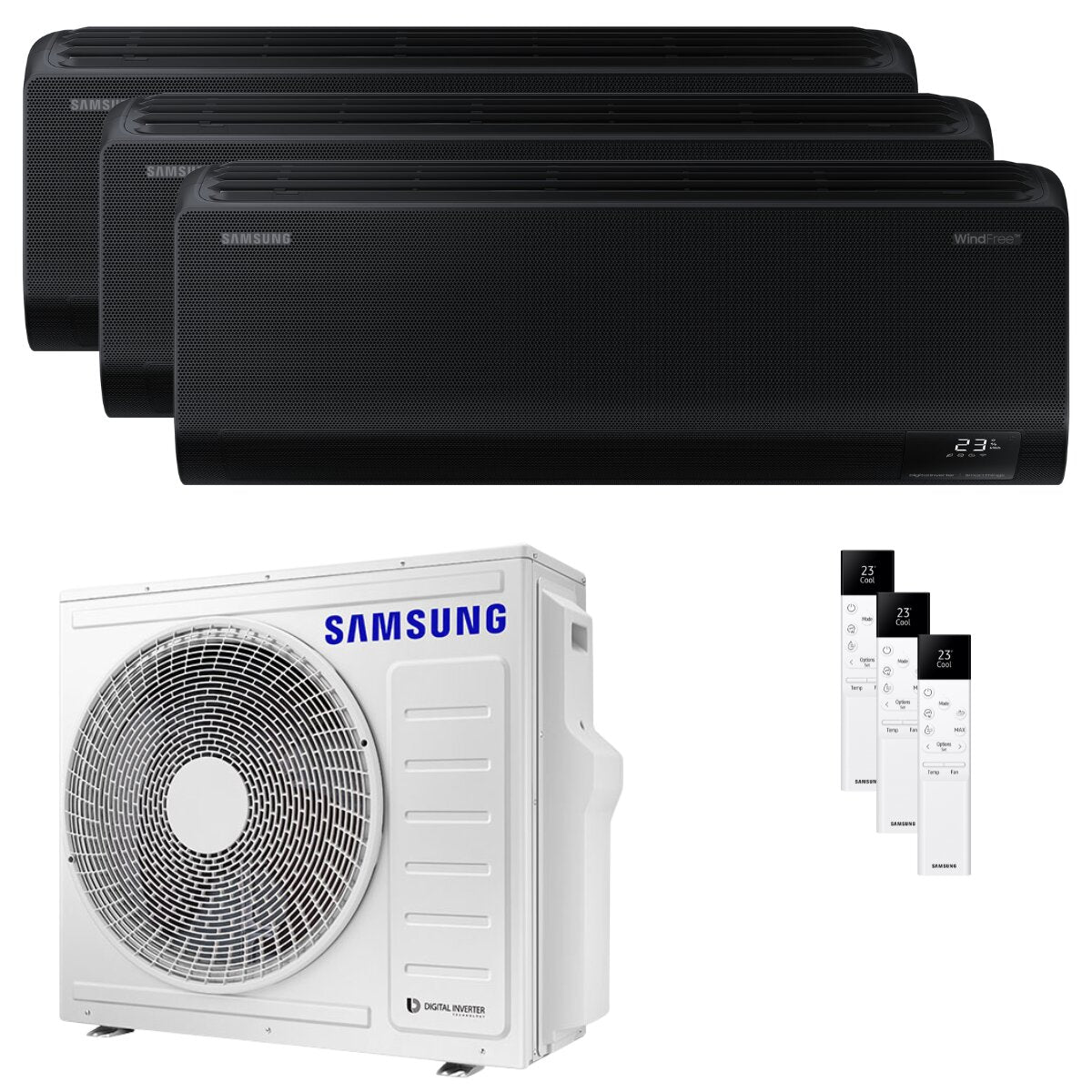 Climatiseur trial split Samsung Windfree Black 7000+9000+12000 BTU inverseur A++ unité extérieure wifi 6,8 kW 