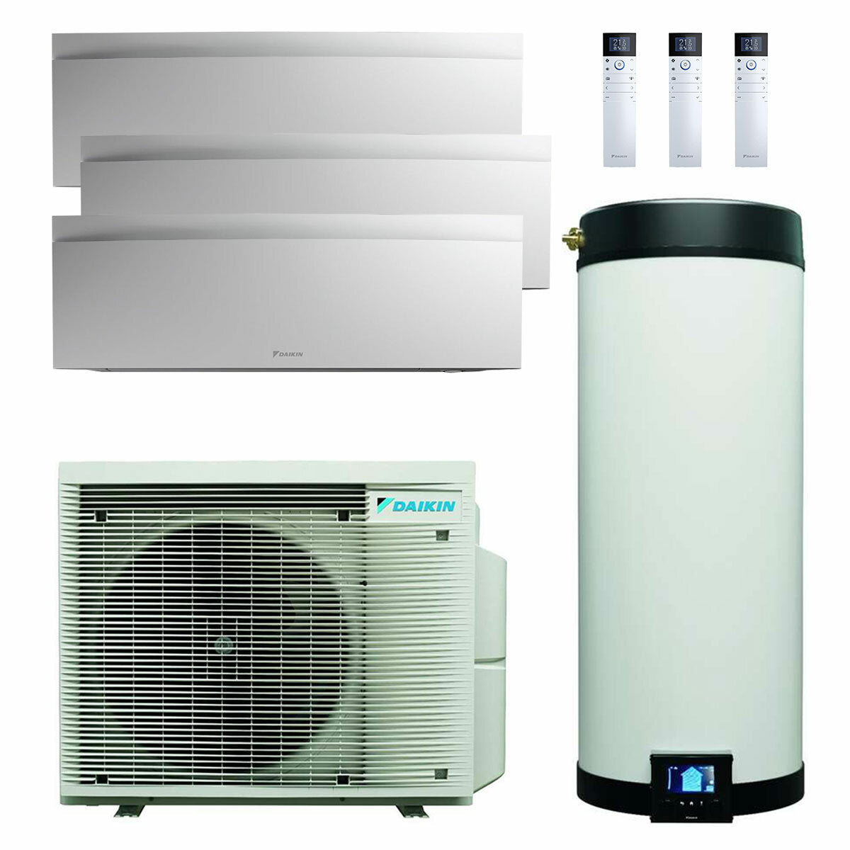 Daikin Multi+ Test-Split-Klimaanlage und Warmwassersystem – Emura 3 weiße Inneneinheiten 9000+9000+12000 BTU – 90-l-Tank