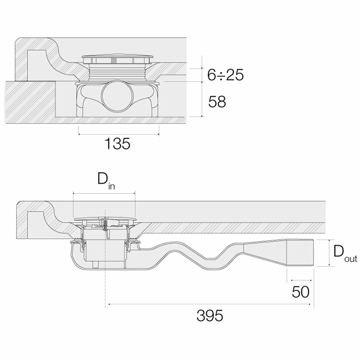 Valsir T-58 abgesenkter Siphon aus PP für D 90 Duschwanne