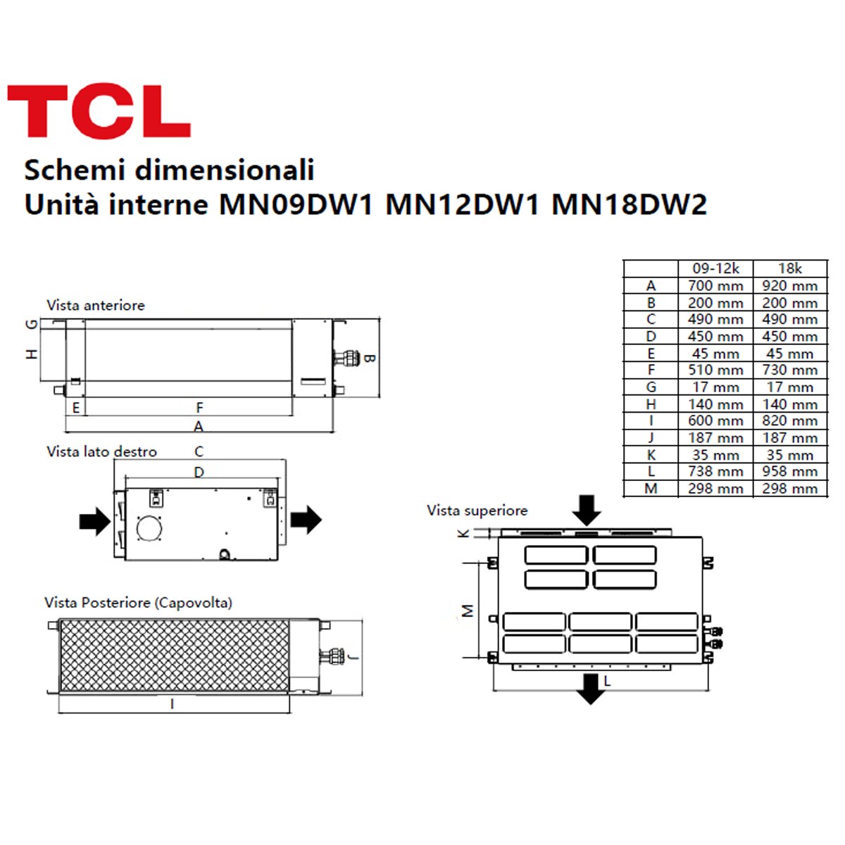 Climatiseur gainable TCL Série D 9000 BTU R32 Inverter Wi-Fi A++/A+