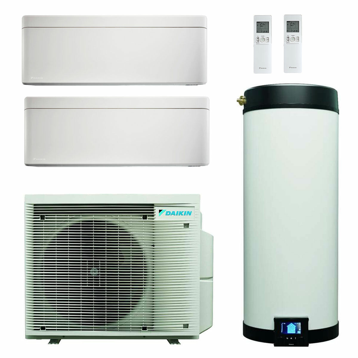 Daikin Multi+ Dual-Split-Klimaanlage und Warmwassersystem – Stilvolle weiße Inneneinheiten 7000+7000 BTU – 90-l-Tank