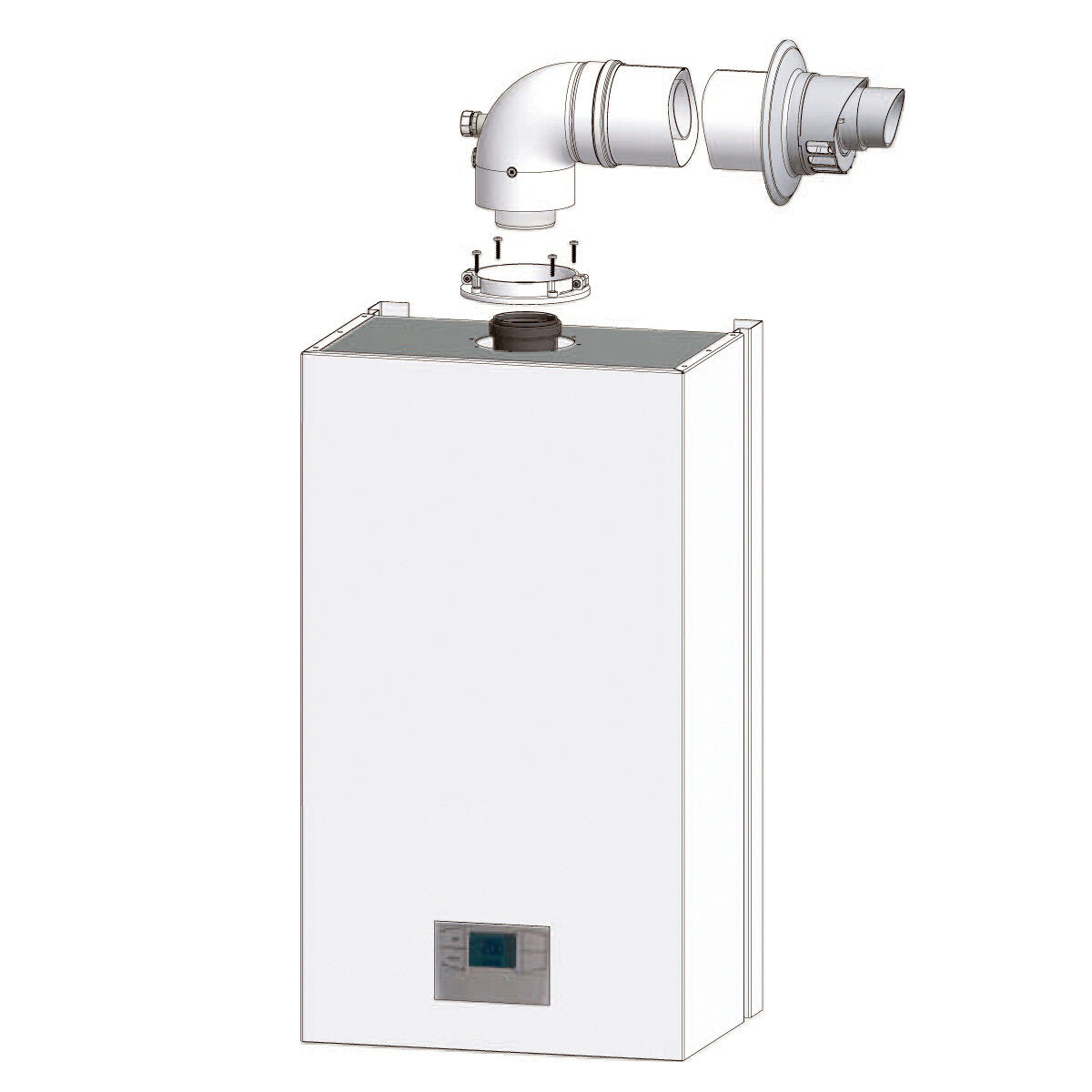 Boiler installation kit with universal coaxial flue gas exhaust, dirt separator, polyphosphate dispenser and neutralizing cartridge