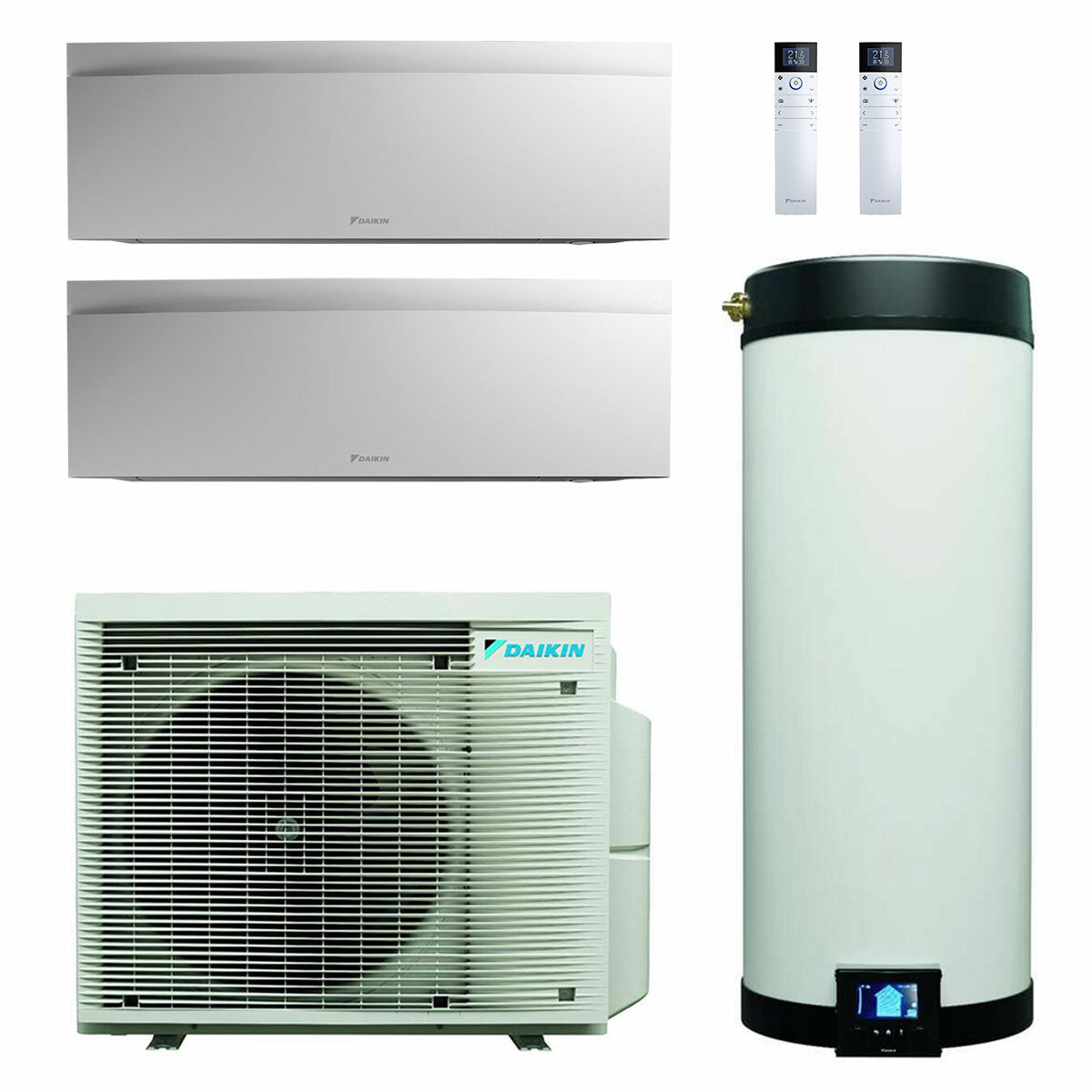 Système de climatisation et d'eau chaude sanitaire double split Daikin Multi+ - Emura 3 unités intérieures blanches 7000+7000 BTU - Réservoir 120 l