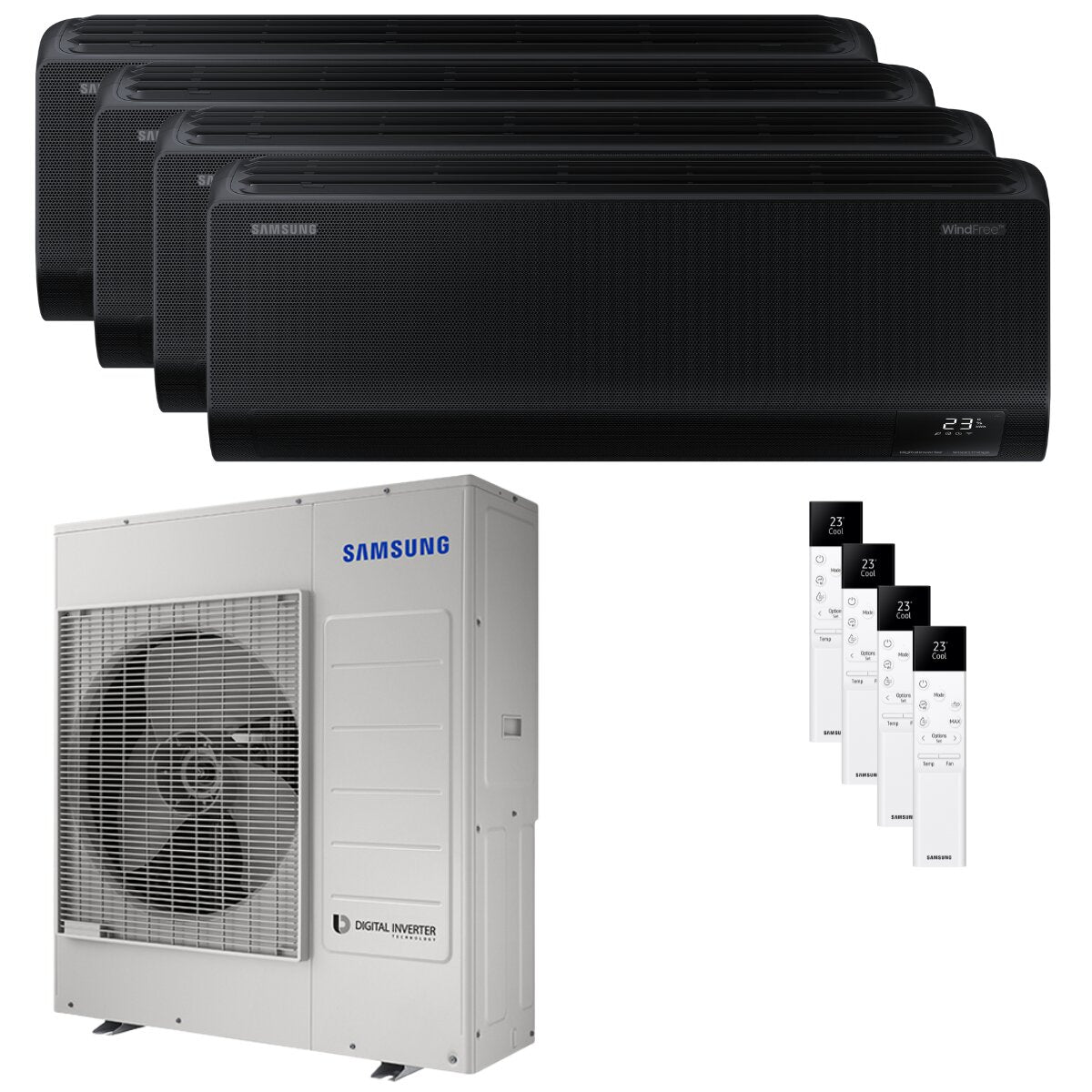 Samsung Windfree Black Quadri-Split-Klimaanlage 12000+12000+12000+12000 BTU, Wechselrichter A++, WLAN-Außeneinheit 10 kW 