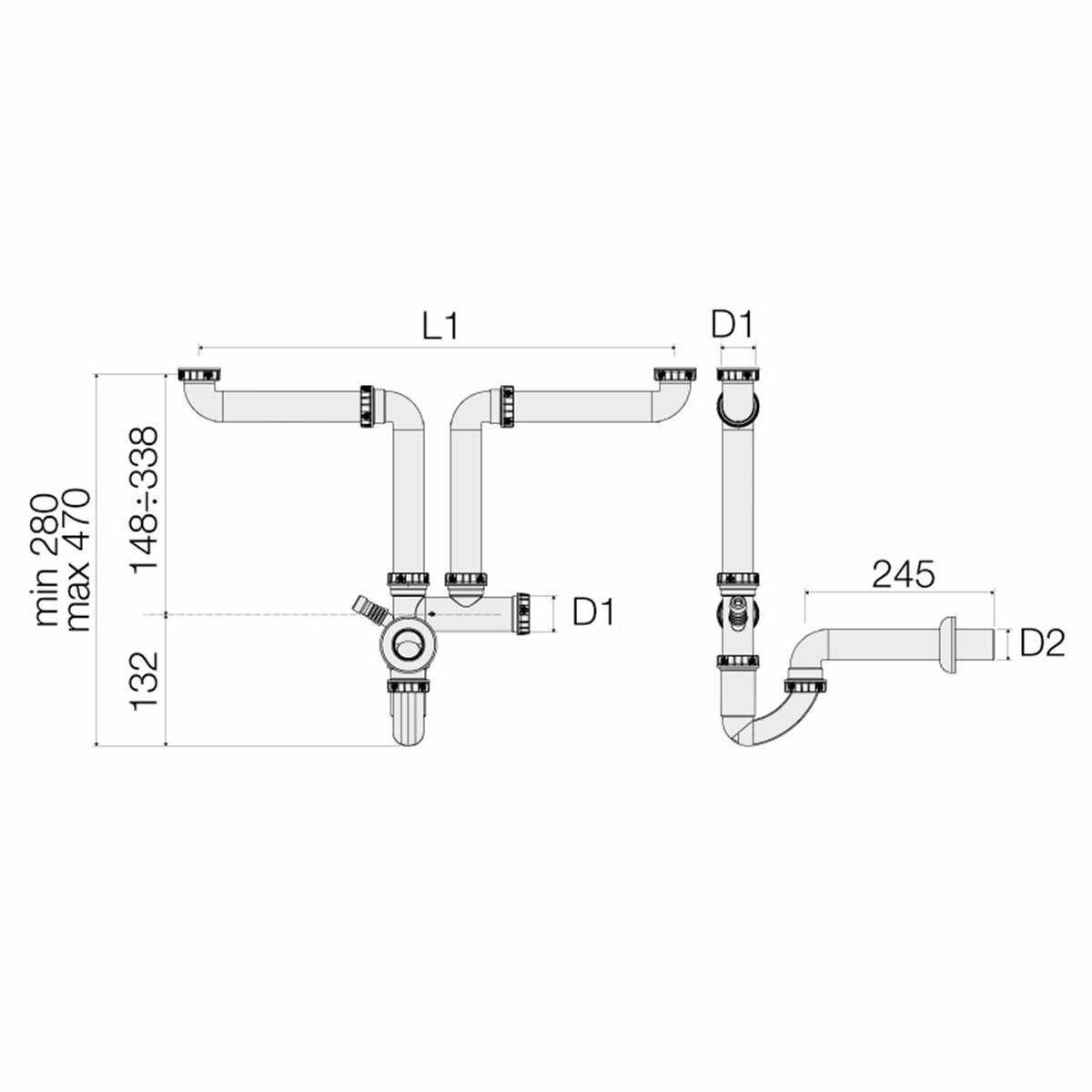 Siphon autonettoyant gain de place Valsir pour évier double