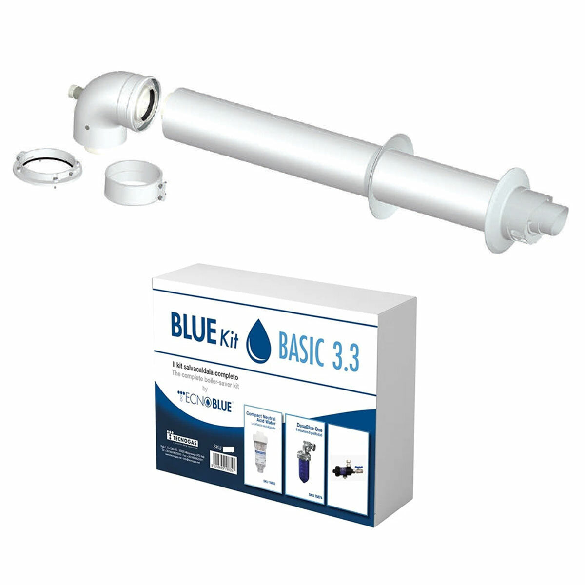 Kit d&#39;installation de chaudière avec évacuation coaxiale universelle des fumées, séparateur de boues, distributeur de polyphosphate et cartouche neutralisante