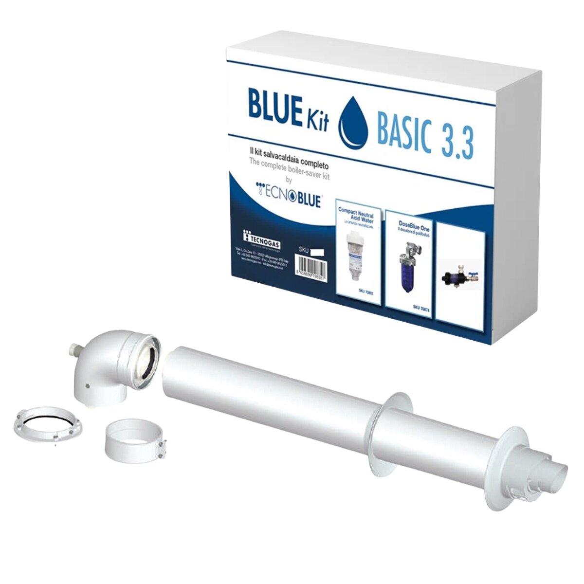 Kit d'installation de chaudière avec évacuation coaxiale universelle des fumées, séparateur de boues, distributeur de polyphosphate et cartouche neutralisante